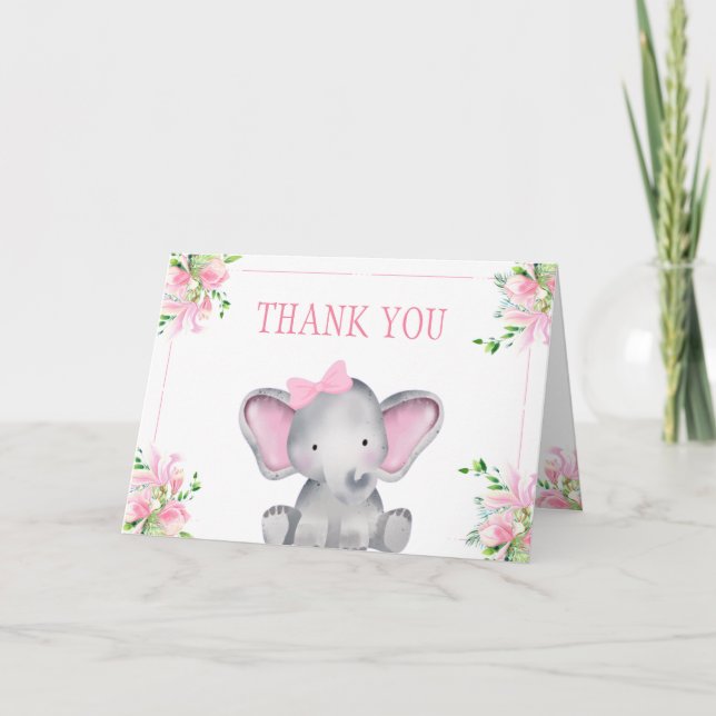 Pink Floral Elephant Baby Dusche Dankeskarte (Vorderseite)