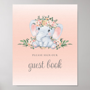 Pink Floral Elephant Baby Shooter Gästebuchzeichen Poster