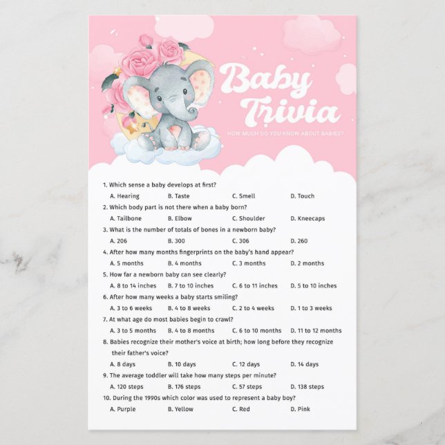 Pink Floral Elephant Baby Shooter Trivia Game (Vorderseite)