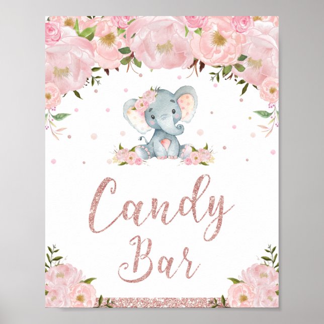 Pink Floral Elephant Babydusche Bonbons Bar Zeiche Poster (Vorne)