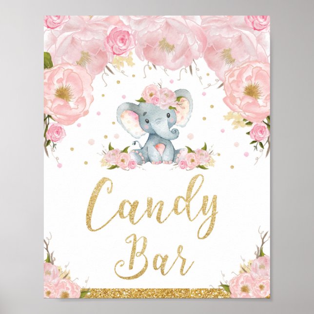 Pink Floral Elephant Babydusche Bonbons Bar Zeiche Poster (Vorne)