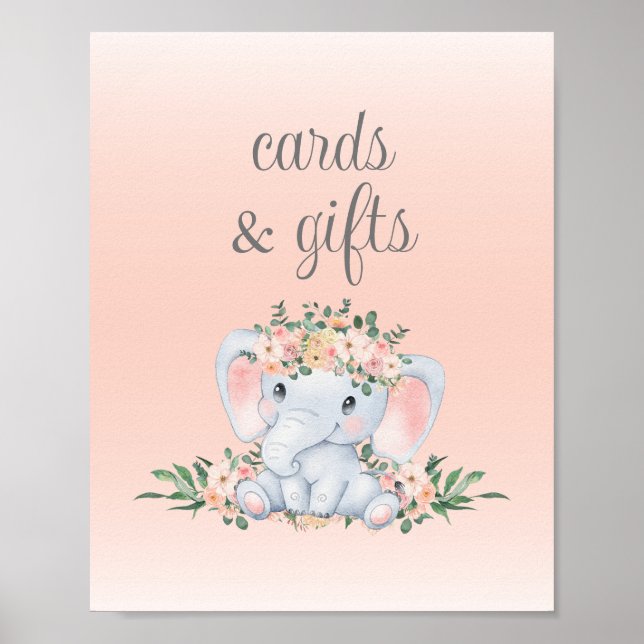 Pink Floral Elephant Babyduschkarten und Geschenke Poster (Vorne)