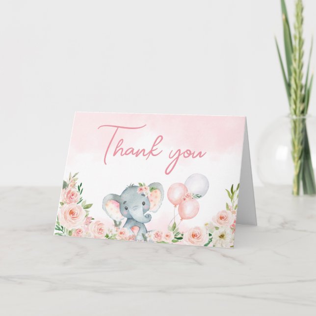 Pink Floral Elephant Ballon Dankeskarte (Vorderseite)