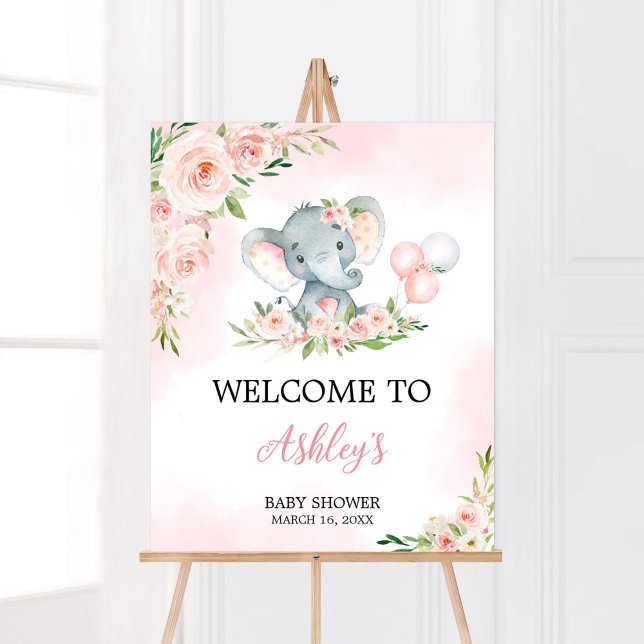 Pink Floral Elephant Balloon Baby Dusche Willkomme Poster (Floral Balloon Elephant Baby Shower Welcome Sign)