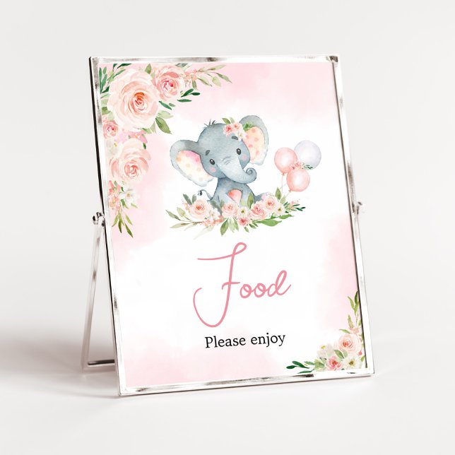 Pink Floral Elephant Balloon Babydusche Nahrung Poster (Floral Balloon Elephant Baby Shower Food Sign)