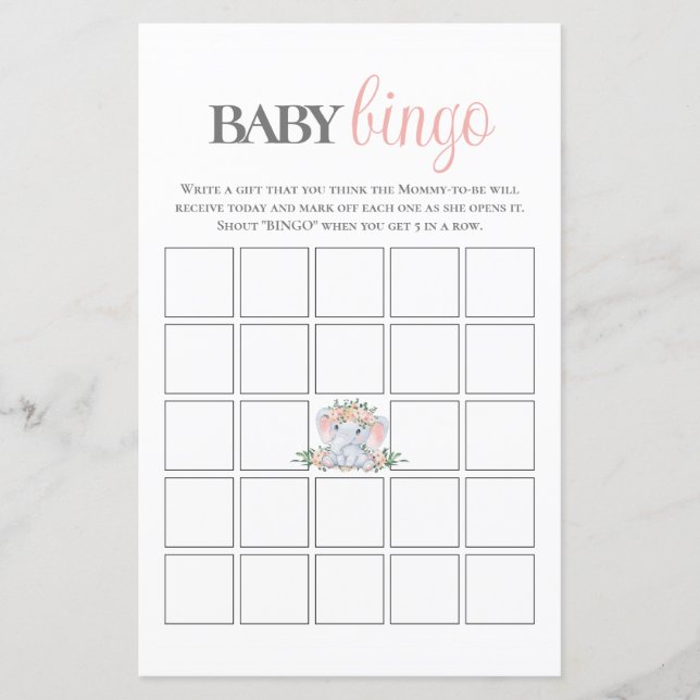 Pink Floral Elephant Bingo Baby Showspiel (Vorderseite)