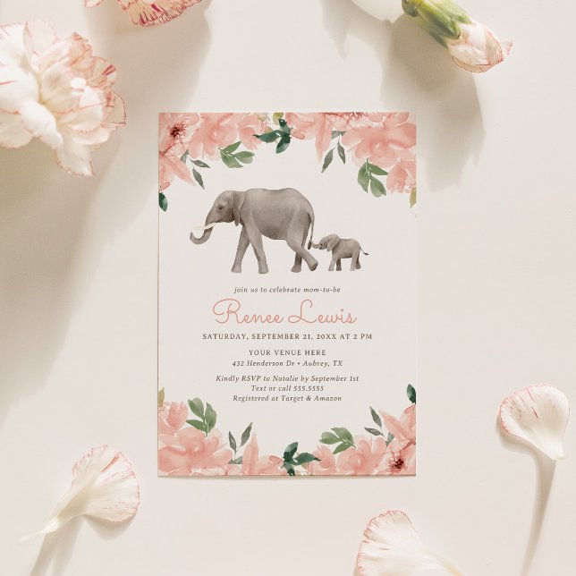 Pink Floral Elephant Girl Baby Dusche Einladung (Von Creator hochgeladen)