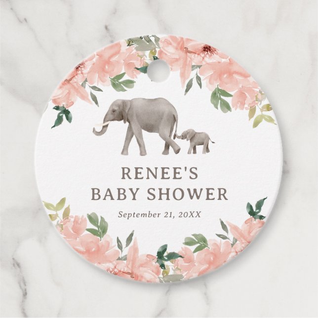 Pink Floral Elephant Girl Baby Dusche Geschenkanhänger (Vorderseite)