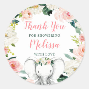 Pink Floral Elephant Girl Babydusche Danke Runder Aufkleber