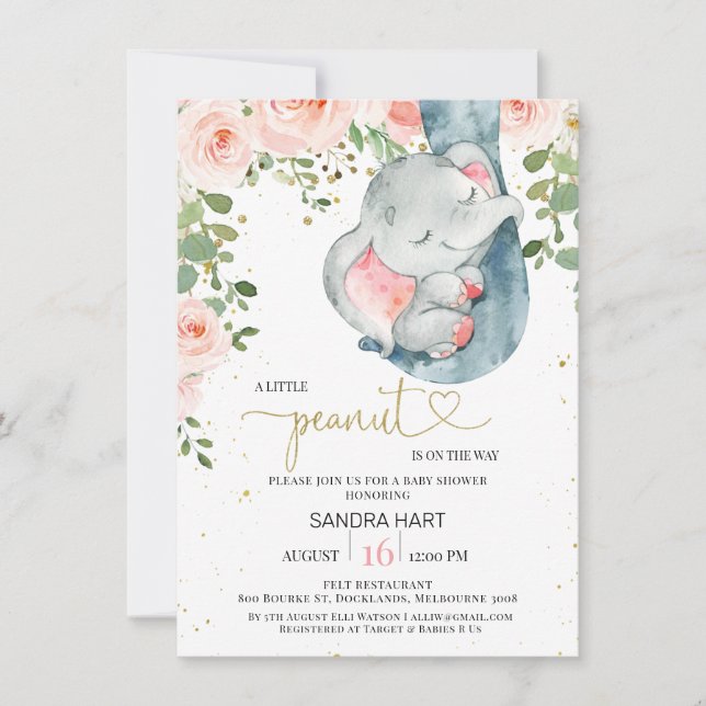 Pink Floral Elephant Girls Peanut Baby Dusche Einladung (Vorderseite)