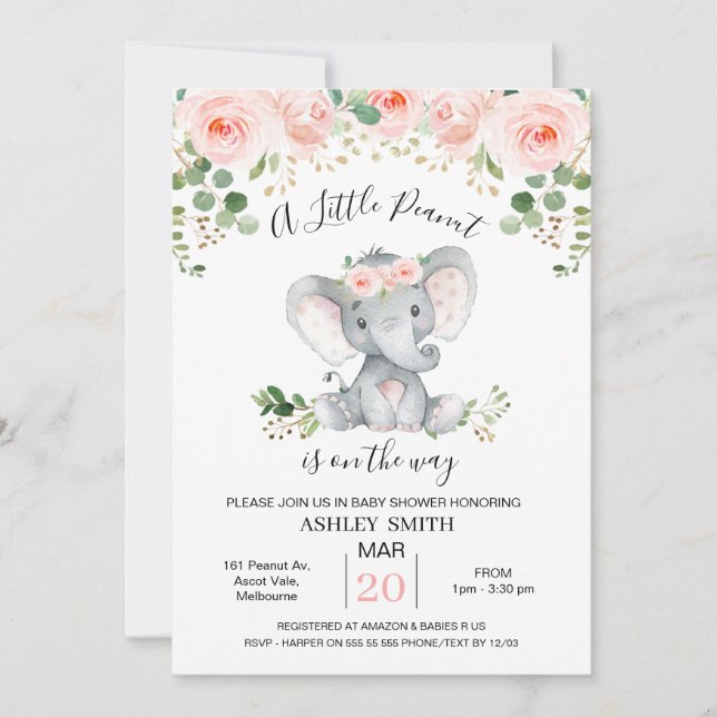  Pink Floral Elephant Peanut Baby Dusche Einladung (Vorderseite)