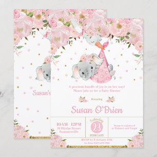 Pink Floral Elephant Stork Bundle Girl Baby Dusche Einladung