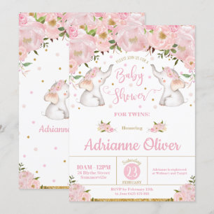 Pink Floral Elephant Twin Girls Babydusche Einladung