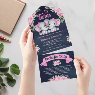 Pink Floral Elephant Twin Girls Navy Baby Dusche All In One Einladung