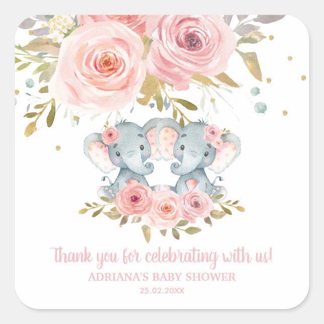 Pink Floral Elephant Twins Baby Dusche Vielen Dank Quadratischer Aufkleber (Vorderseite)