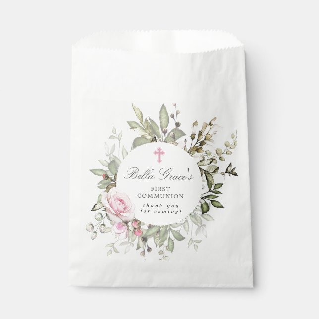Pink Floral Erste Kommune Vielen Dank Geschenktütchen (Vorderseite)