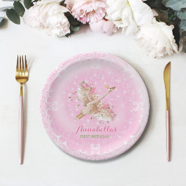 Pink Floral Erster Geburtstag Märchenschwan Pappteller