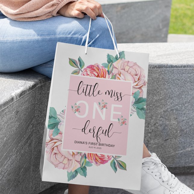 Pink Floral Erster Geburtstag Mittlere Geschenktüte (Von Creator hochgeladen)