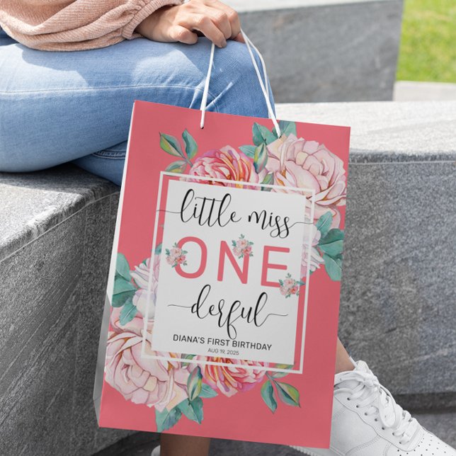 Pink Floral Erster Geburtstag Mittlere Geschenktüte (Von Creator hochgeladen)