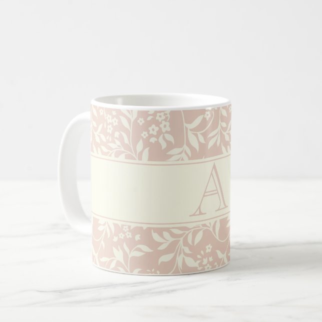 Pink Floral et feuillage Monogram Café Mug (Devant gauche)