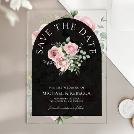 Pink Floral Eucalyptus Black Wedding Save the Date Acryleinladungen