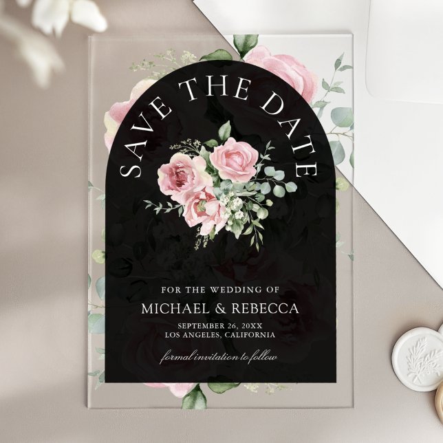 Pink Floral Eucalyptus Black Wedding Save the Date Acryleinladungen (Von Creator hochgeladen)
