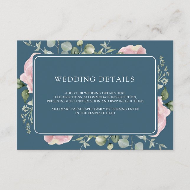 Pink Floral Eucalyptus Dusty Blue Wedding Details Begleitkarte (Vorderseite)