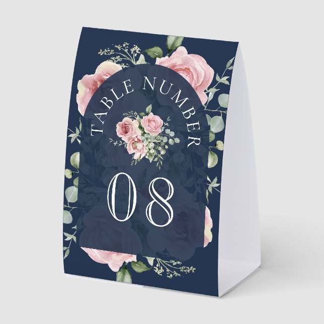 Pink Floral Eucalyptus Navy Wedding Table Number Tischaufsteller (Vorderseite)