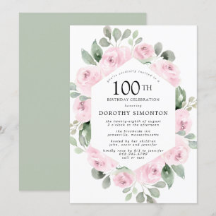 Pink Floral Eukalyptus 100. Geburtstagsparty Einladung
