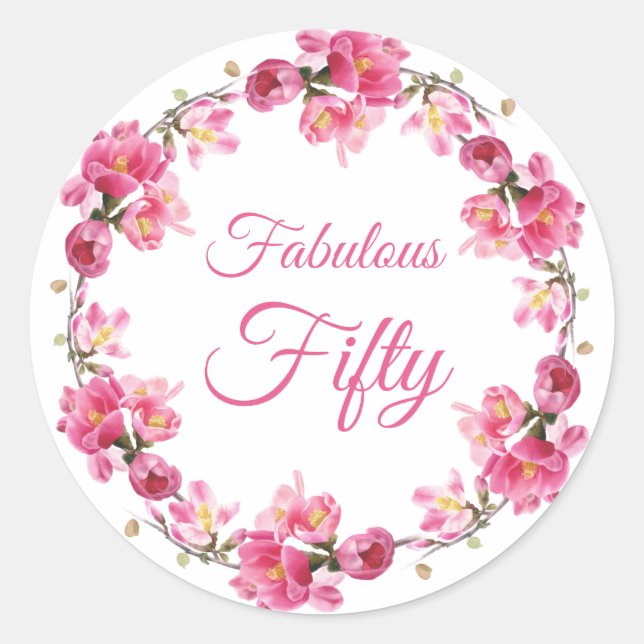 Pink Floral Fabulous 50 Geburtstag Runder Aufkleber (Vorderseite)