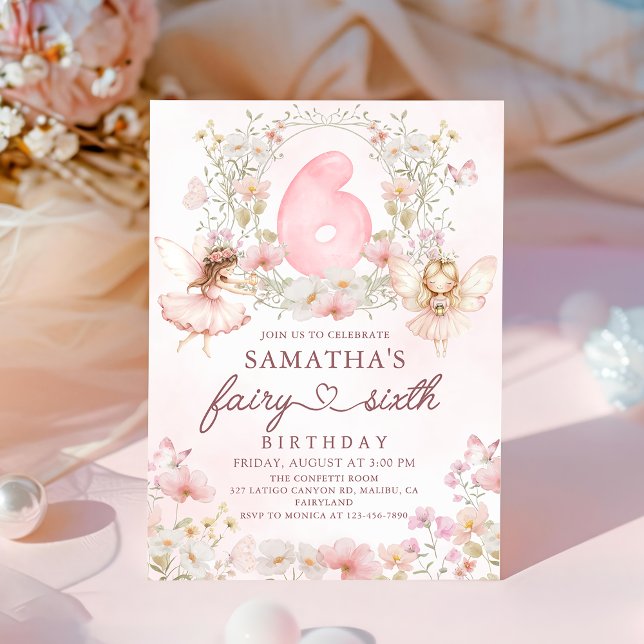 Pink Floral Fairy Garden 6th Birthday Invitation (Créateur téléchargé)