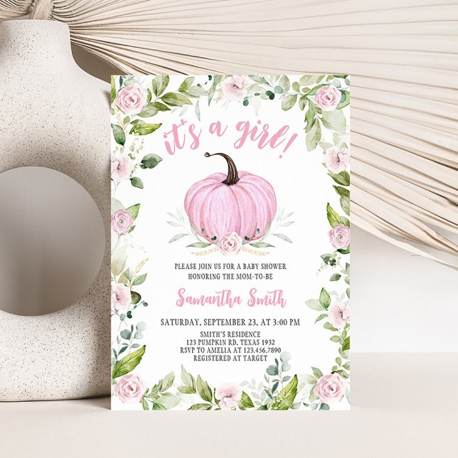 Pink Floral Fall Pumpkin Baby Dusche Einladung (Greenery Pink Pumpkin Baby Shower Invitation)