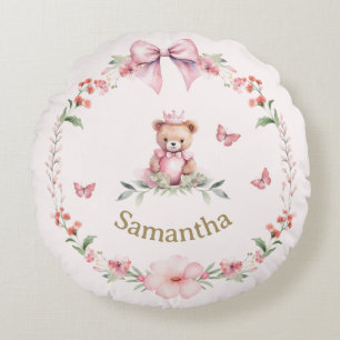 Pink Floral Fantasien und Teddy Bear Hugs Cosy Rundes Kissen