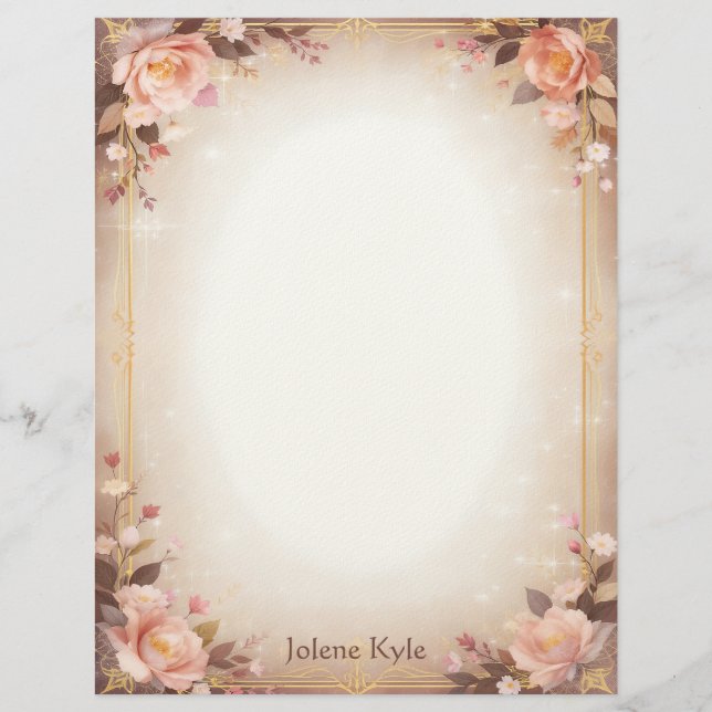 Pink Floral Fantasy with a Gold Frame Stationery Briefbogen (Vorderseite)