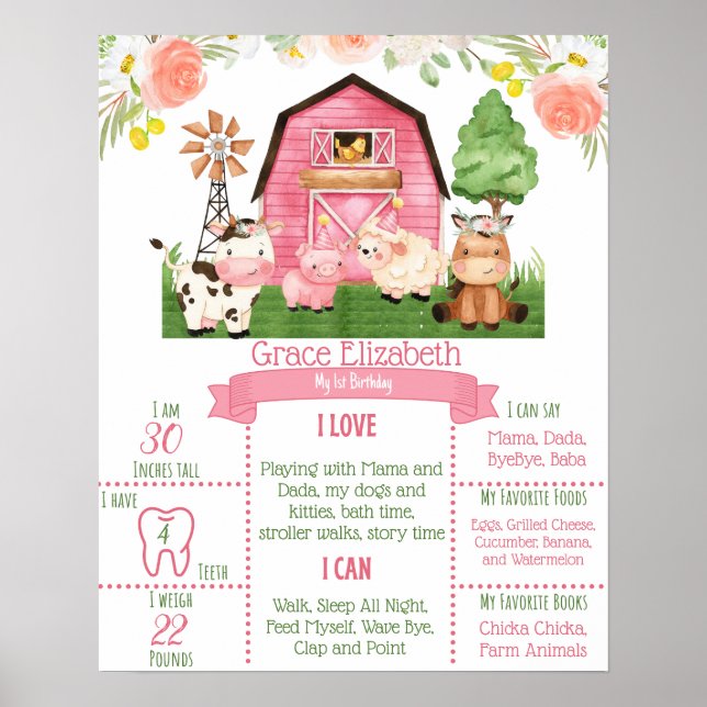 Pink Floral Farm 1. Geburtstag Meilenstein Poster (Vorne)