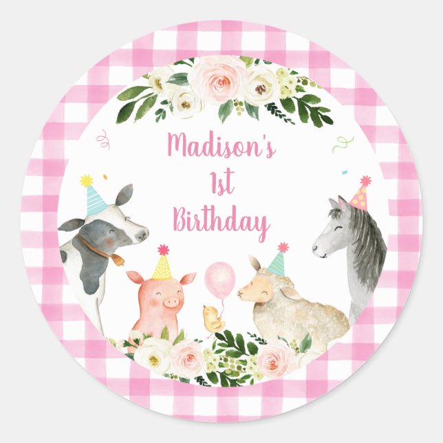 Pink Floral Farm Animal Birthday Runder Aufkleber (Vorderseite)