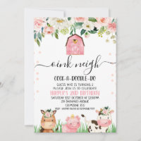 Pink Floral Farm Animal Calligraphy Birthday