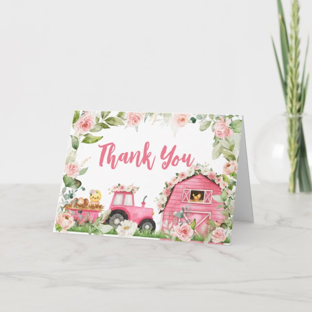 Pink Floral Farm Barnyard Babydusche Dankeskarte (Vorderseite)