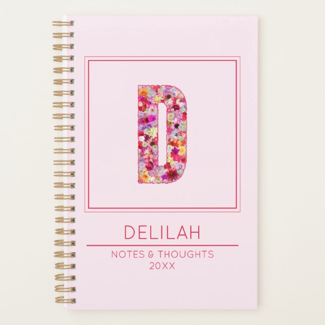 Pink Floral Feminine Monogram Name Letter D Planer (Vorderseite)