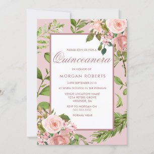 Pink Floral Feuil Quinceanera Invitation