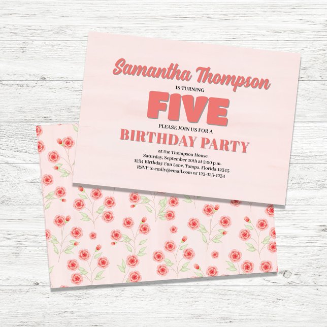 Pink Floral Fifth Birthday Girl Party Template Einladung (Fifth Birthday Girl Party Invitations.)