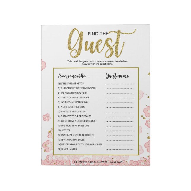 Pink Floral Finden Sie das Gast Brautparty Game Notizblock (Rotiert)