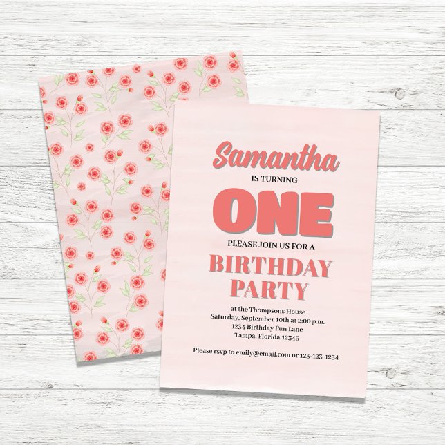 Pink Floral First Birthday Girl Party Template Einladung (Pink Girls First birthday invitation template. )