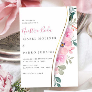 Pink Floral Foliage Nuestra Boda Spanische Hochzei Einladung