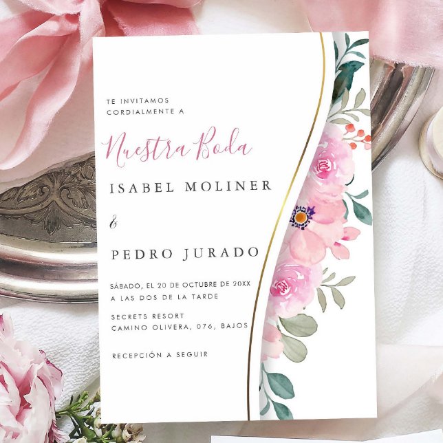 Pink Floral Foliage Nuestra Boda Spanische Hochzei Einladung (Von Creator hochgeladen)