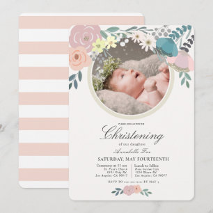 Pink Floral Foto Girl Christening Einladung