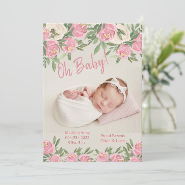 Pink Floral Foto Oh Baby Script Geburt Ankündigung (Stehend Vorderseite)