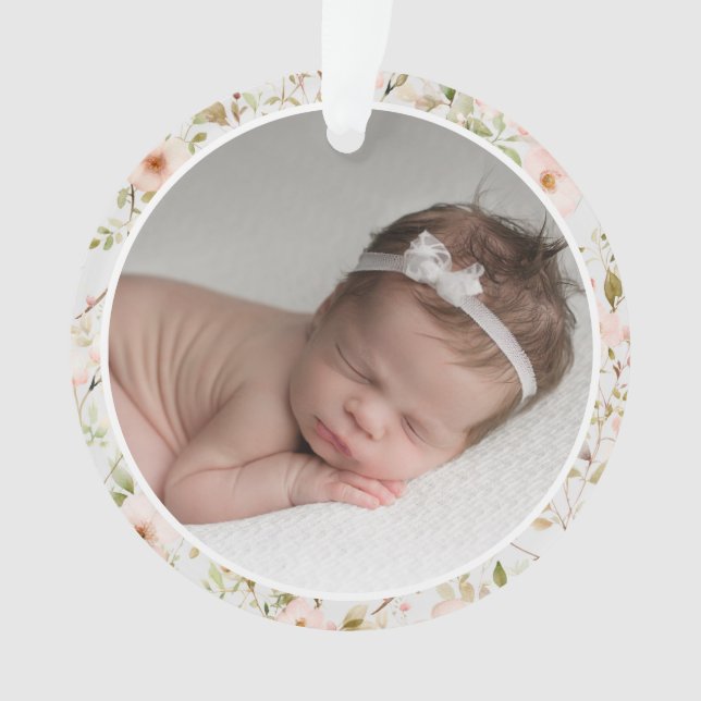 Pink Floral Frame Baby's First Christmas Ornament (Vorderseite)