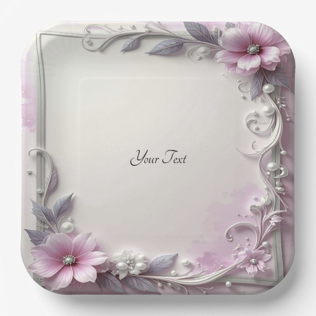 Pink Floral Frame Paper Plate Pappteller (Vorderseite)