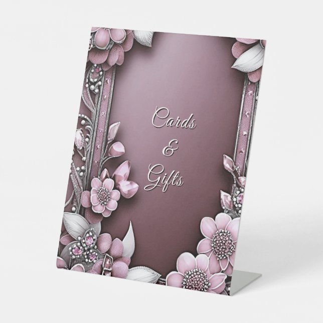 Pink Floral Frame Tabletop Zeichen Sockelschild (Vorderseite)